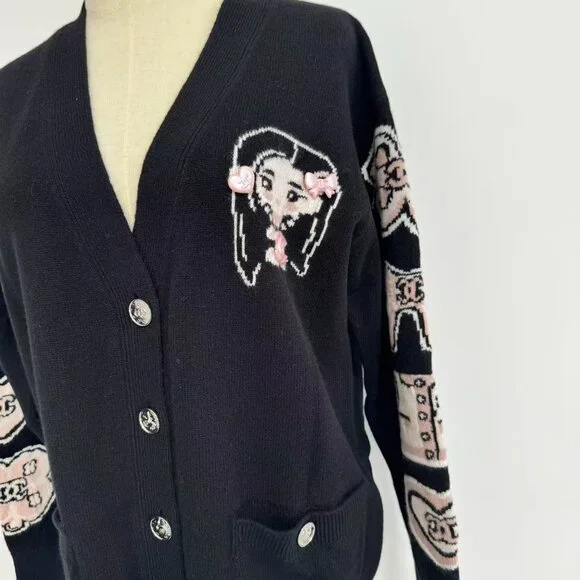 Chanel Black Knit Cardigan Cartoon Embroidery Plays Up Luxury Childlike Style - Picture 6 of 10